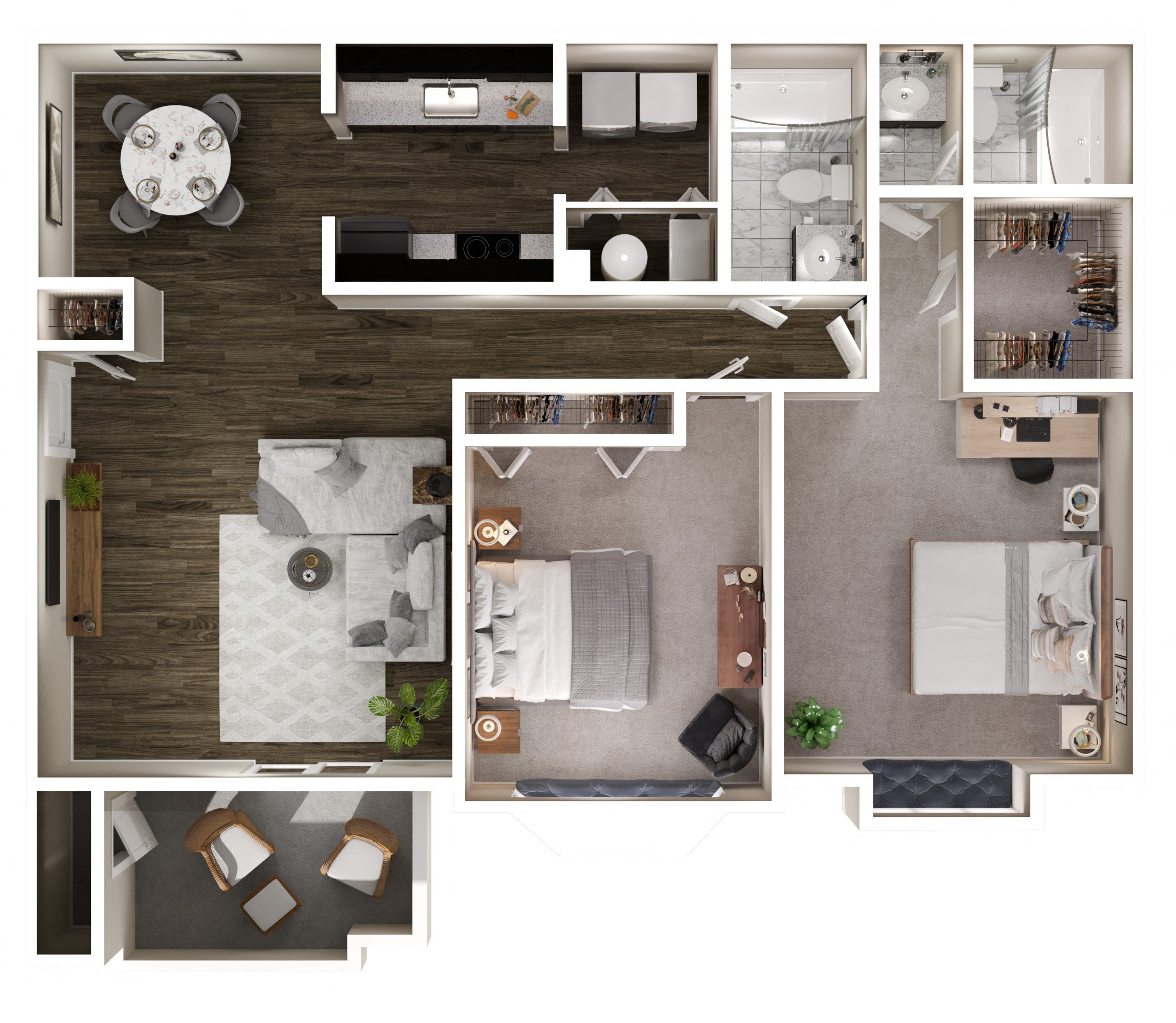 Floor plan for 2 beds, 2 baths, 1041 sqft